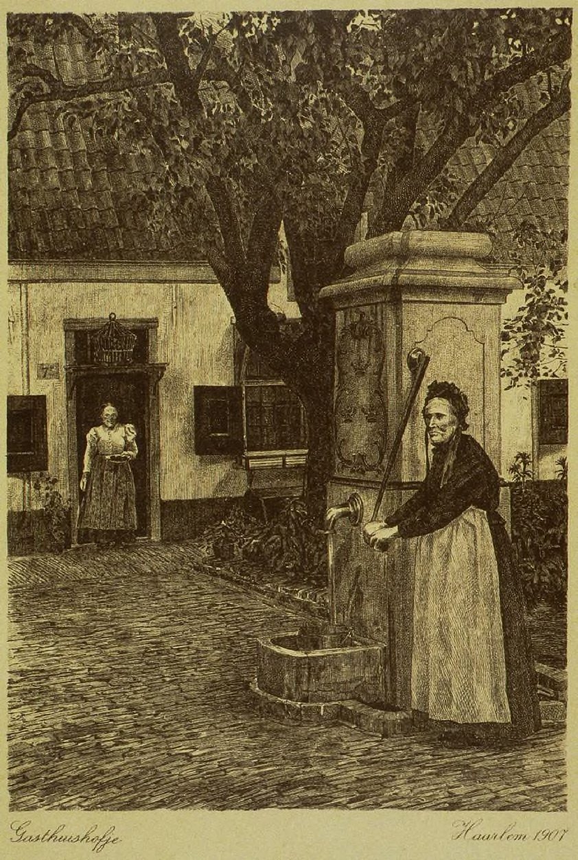 vrouwen met emmers bij een pomp in een hofje
