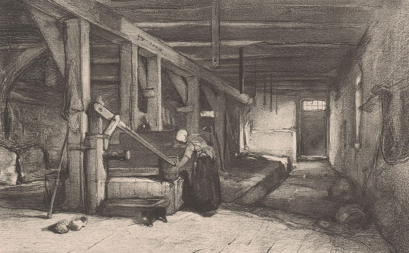 prent van een vrouw bij een pomp in een stal